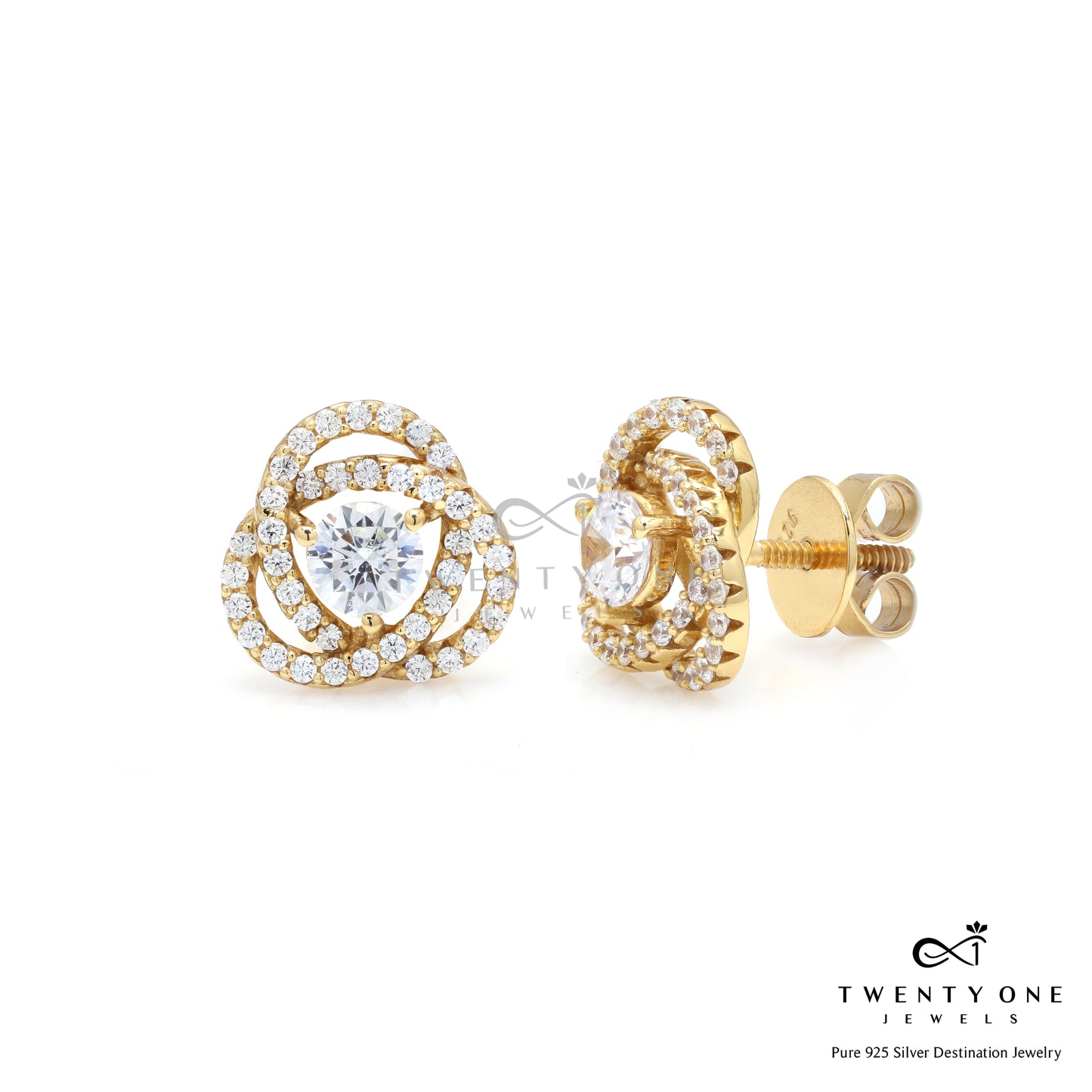 Intertwined Cluster Fauzia Solitaire Studs with Premium Screw Backs-18k Gold Finish