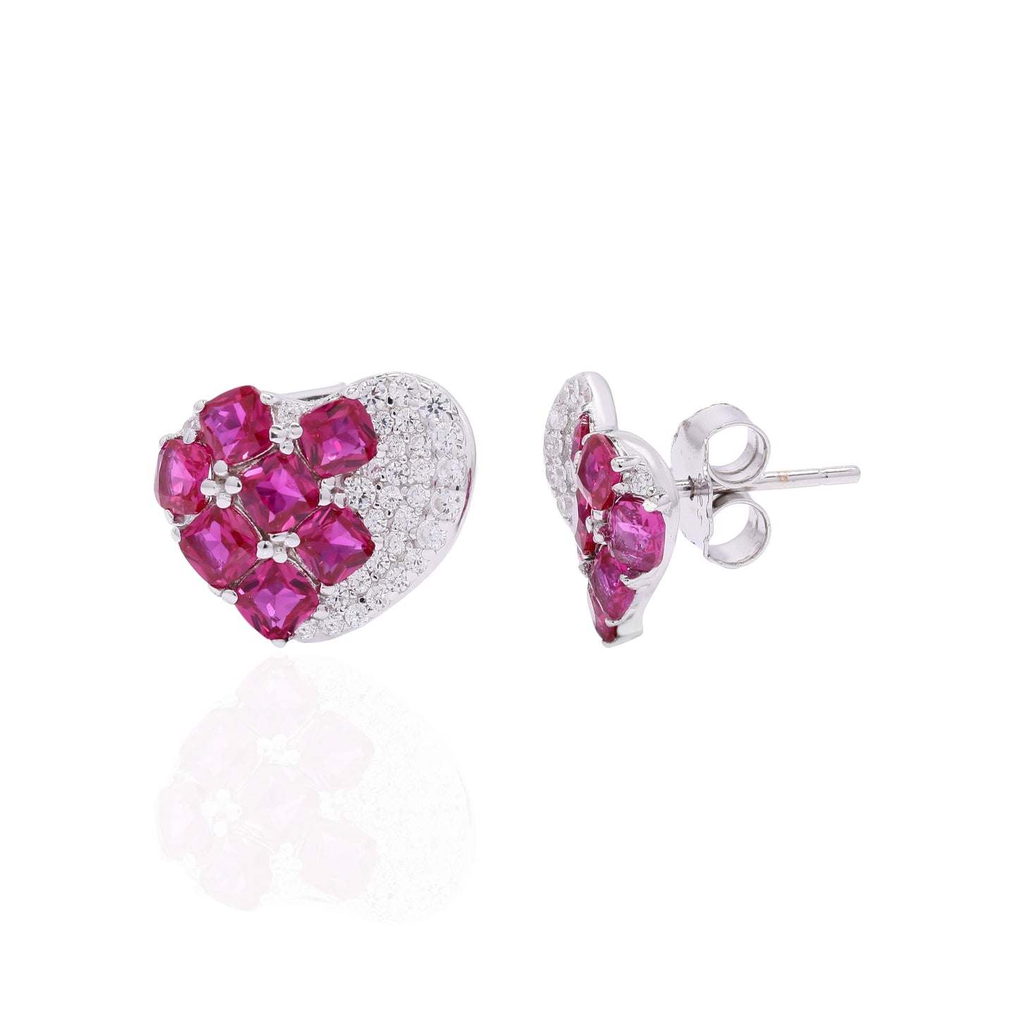 Italian Pave Setting Curvy Heart Bella Stud with Sugar Loaf Rubies on Pure 925 Silver