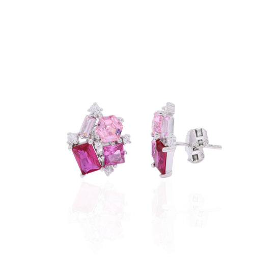 Premium Multi Shape Diamond White Gold Finish Pink Party Giva Stud Earrings on Pure 925 Silver