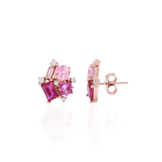 Premium Multi Shape Diamond Rose Gold Finish Pink Party Giva Stud Earrings on Pure 925 Silver