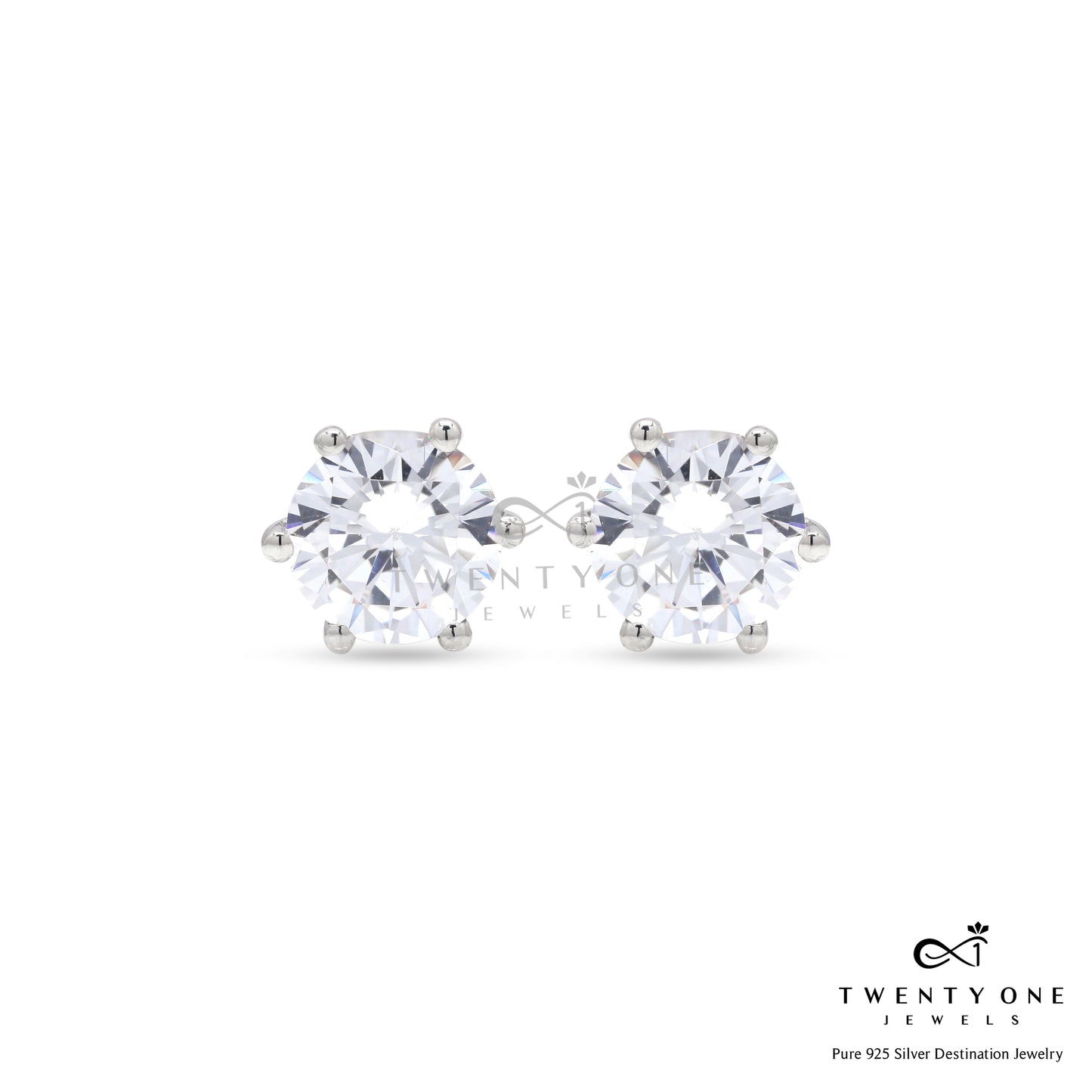 2 Carat Solitaire Studs on 925 Silver with Premium Screw Backs in White Gold Finish