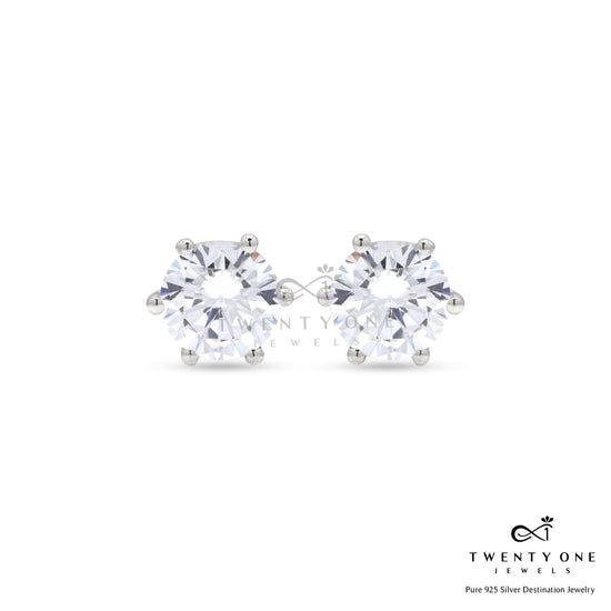 2 Carat Solitaire Studs on 925 Silver with Premium Screw Backs in White Gold Finish
