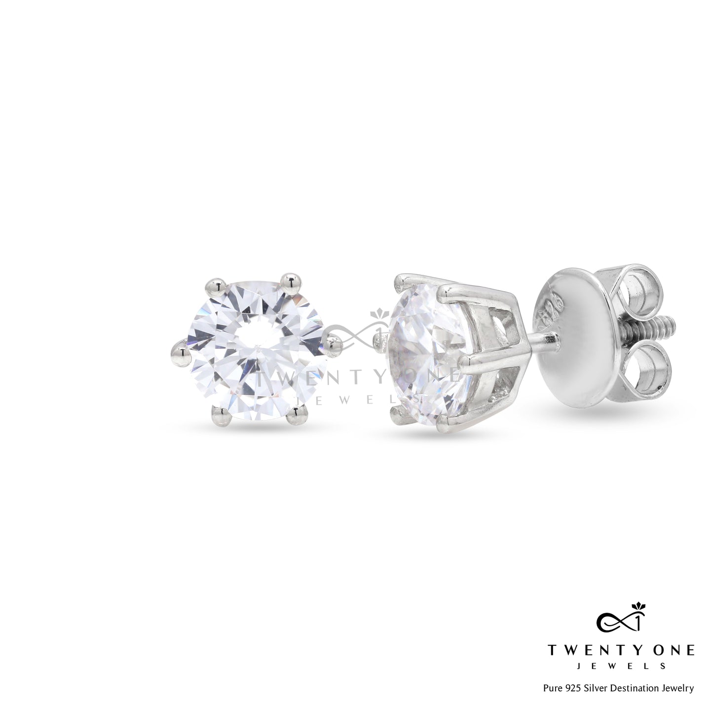 2 Carat Solitaire Studs on 925 Silver with Premium Screw Backs in White Gold Finish