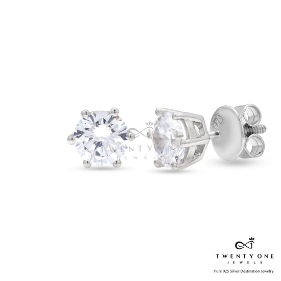 2 Carat Solitaire Studs on 925 Silver with Premium Screw Backs in White Gold Finish