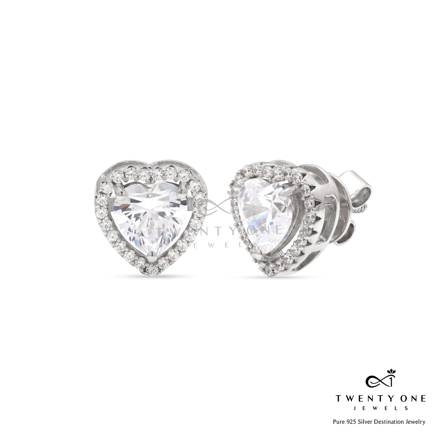 Valentines Exclusive 2 Carat Heart Solitaire Studs With Halo On Pure 925 Silver with Premium Screw Backs