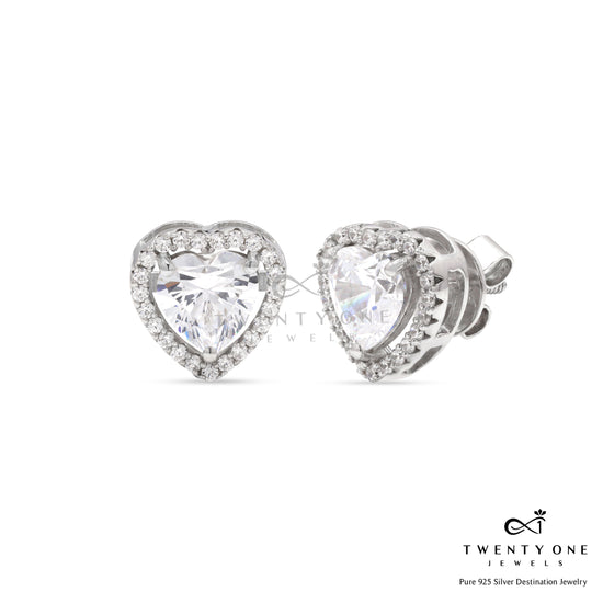 Valentines Exclusive 2 Carat Heart Solitaire Studs With Halo On Pure 925 Silver with Premium Screw Backs