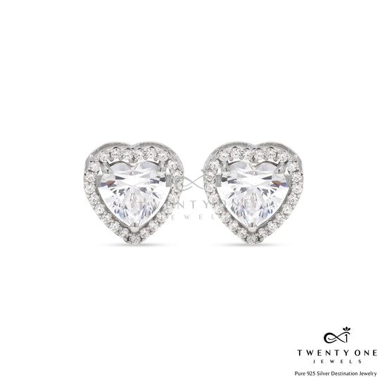 Valentines Exclusive 2 Carat Heart Solitaire Studs With Halo On Pure 925 Silver with Premium Screw Backs
