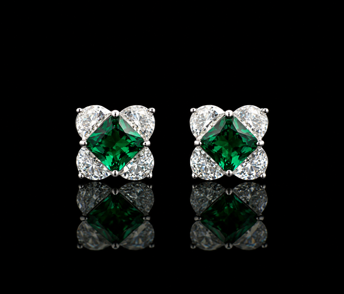 Ultra Premium Ice Cut American Diamond Pure 925 Silver Emerald Green Princess Cut Pear Halo Statement Stud Earrings for Women | Twenty One Jewels