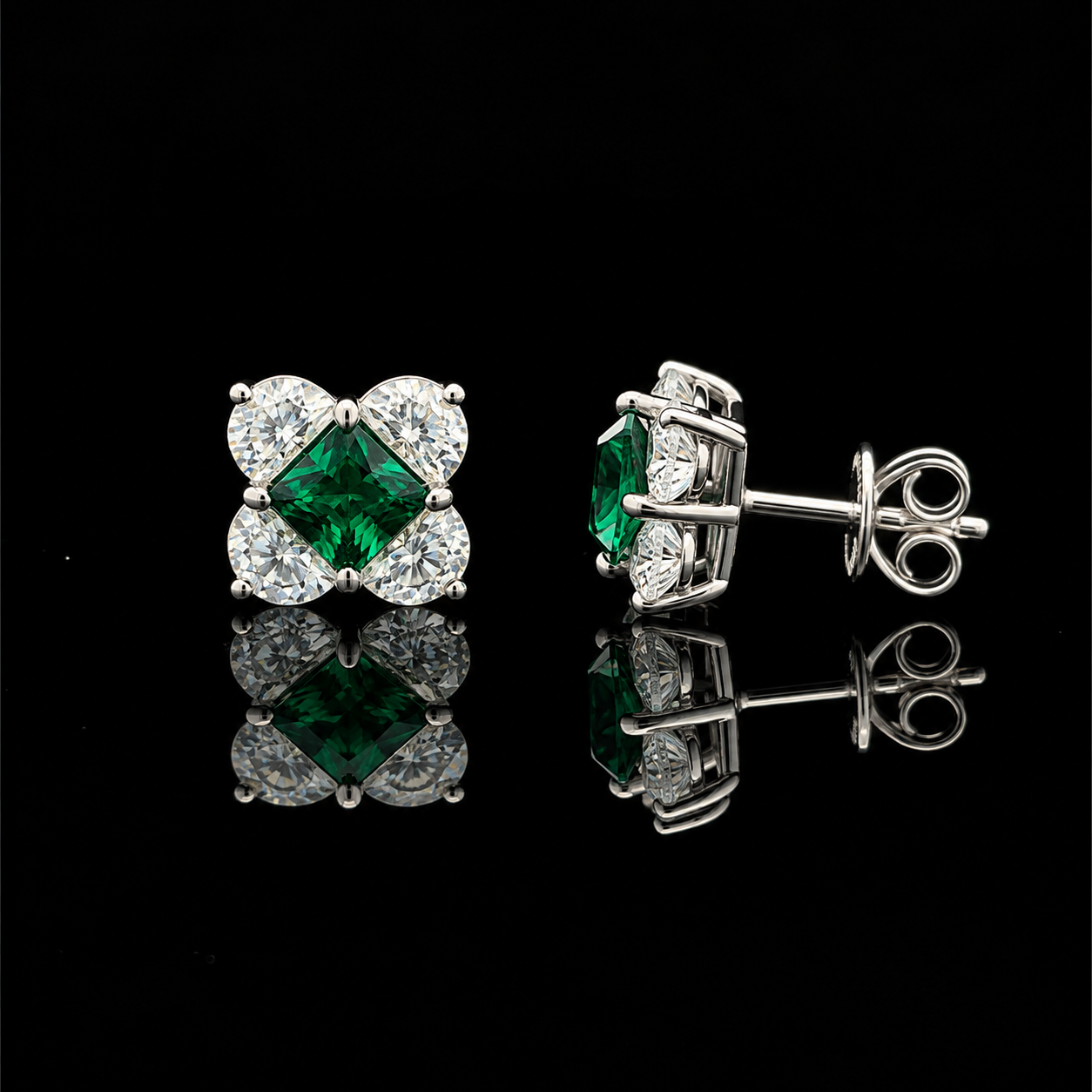 Ultra Premium Ice Cut American Diamond Pure 925 Silver Emerald Green Princess Cut Pear Halo Statement Stud Earrings for Women | Twenty One Jewels