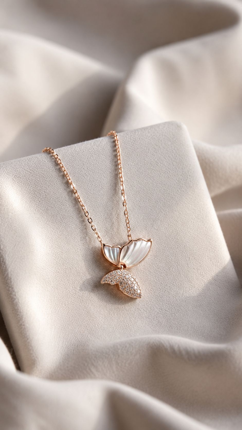Rose Gold Finish American Diamond Studded Mother Pearl Butterfly Serena Pendant with Chain on Pure 925 Silver.