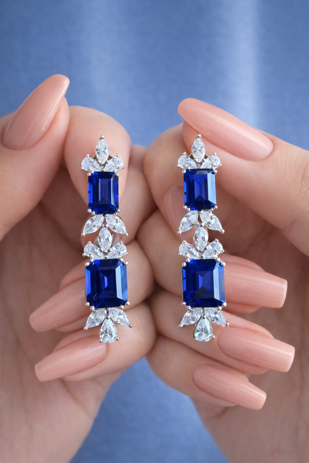Ultra Premium Blue Sapphire Dangler Earrings with Marquise and Drop Solitaires on Pure 925 Silver