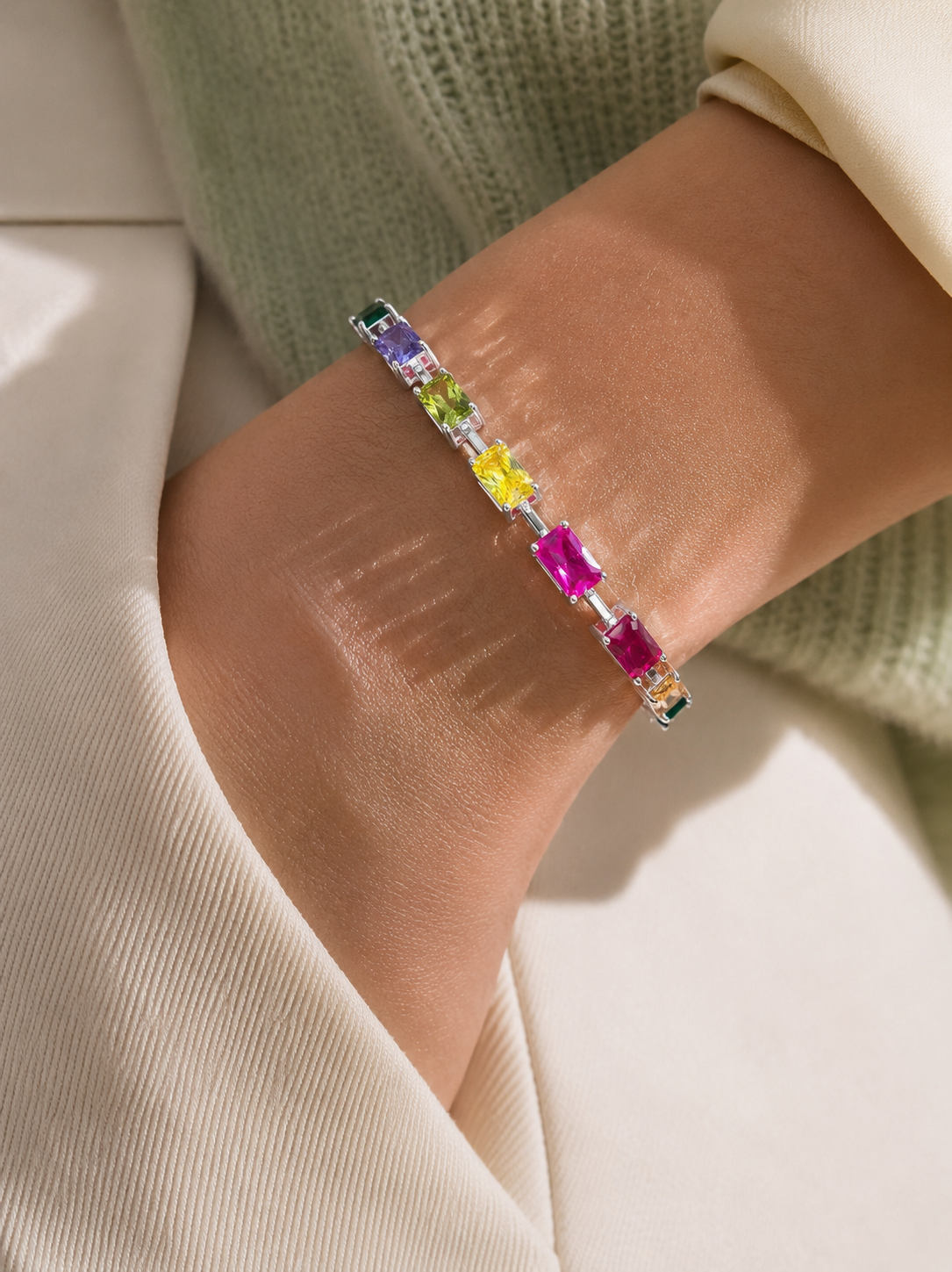 Ultra Premium Emerald Cut Solitaire Rainbow Tennis Bracelet on Pure 925 Silver