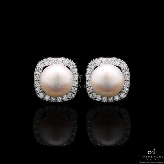 Fresh Water Pearl Elitsa Studs On 925 Silver (White Gold Finish)