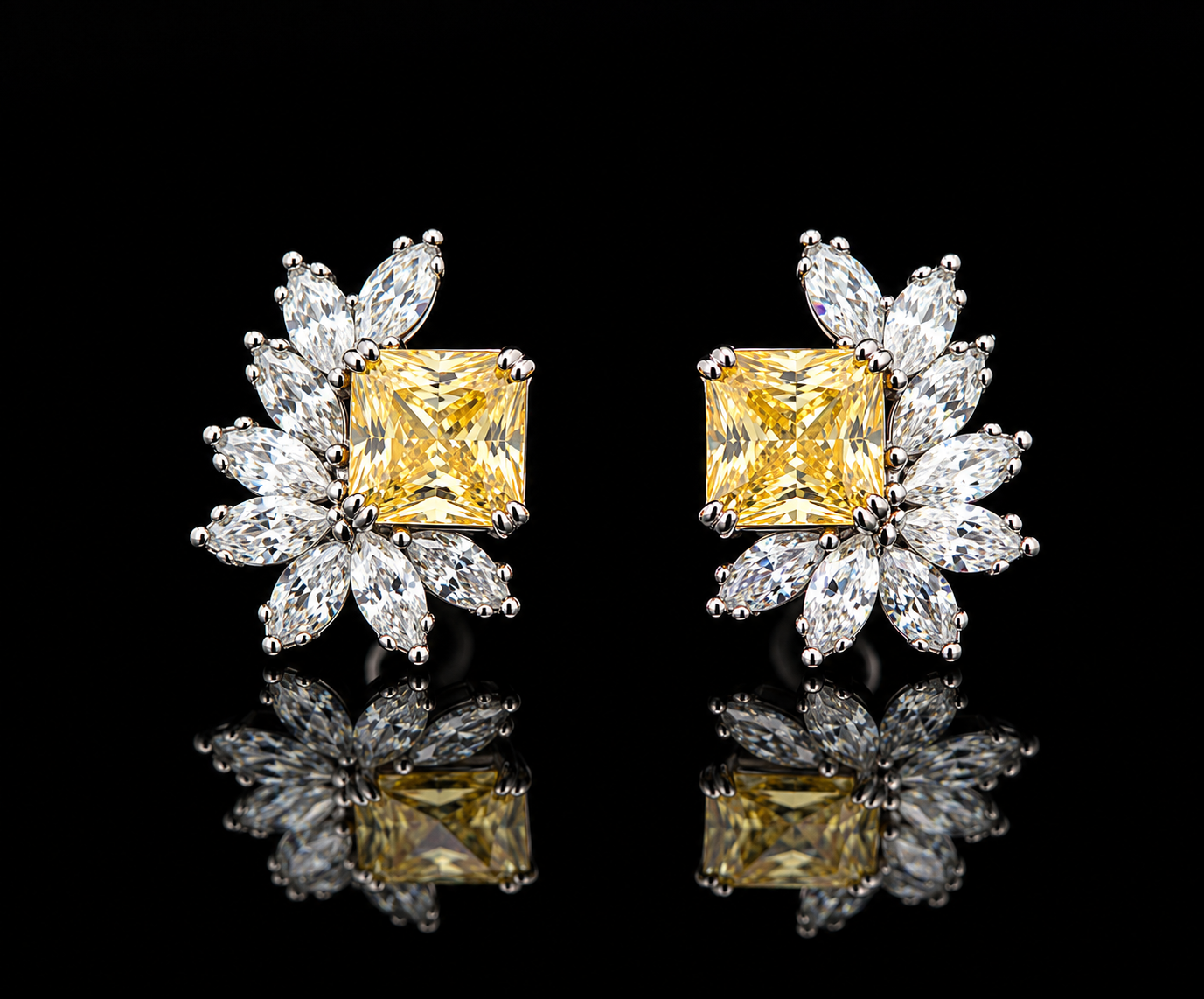 Ultra Premium Pure Silver 2.5 Carat Yellow Cushion Cut Solitaire Cocktail Studs with Marquise Diamond Clusters