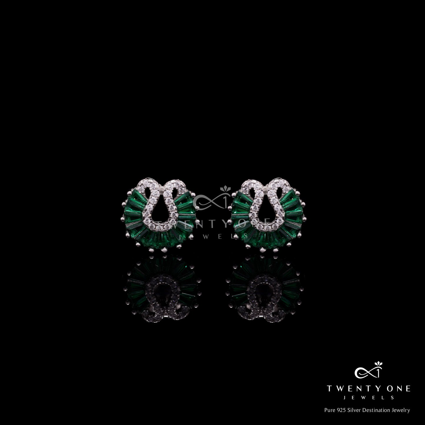 Green Emerald Baguette Peacock Stud on Pure 925 Silver.