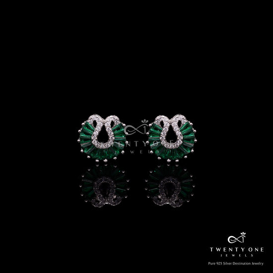 Green Emerald Baguette Peacock Stud on Pure 925 Silver.