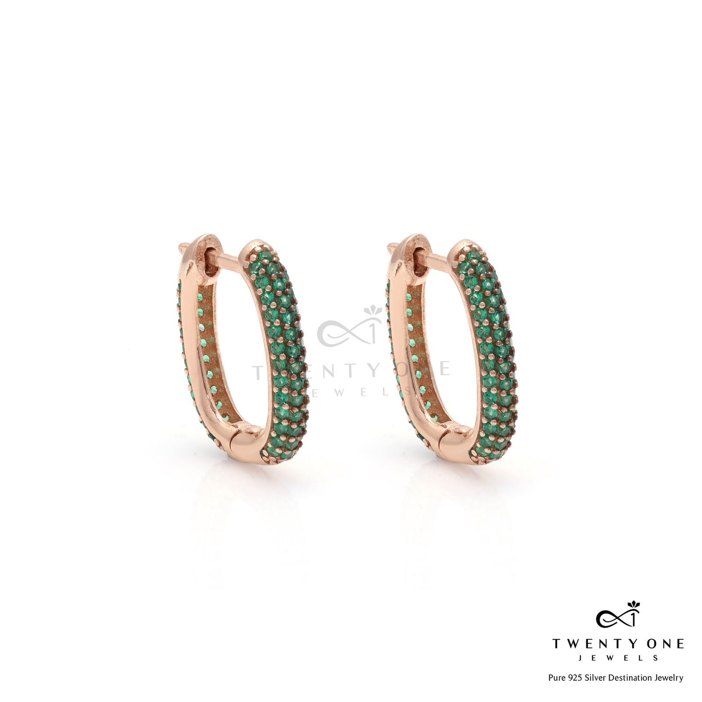 Green Emerald Rose Gold Dilino Hoops on Pure 925 Silver