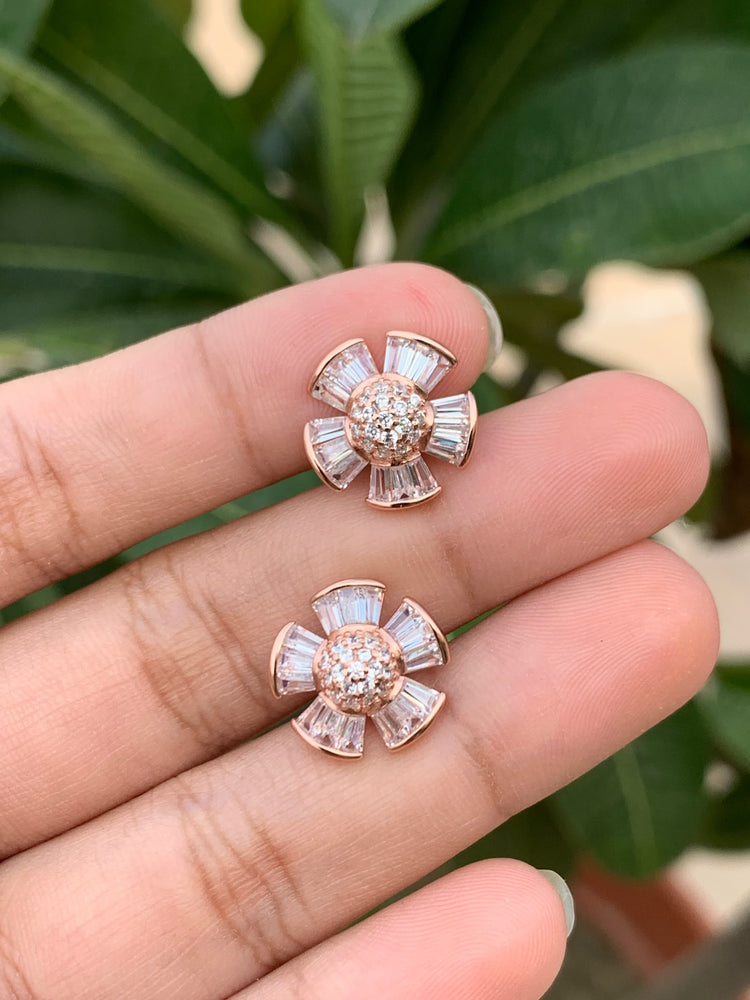 Rose Gold Diamond With Baguette Viola Studs On 925 Silver