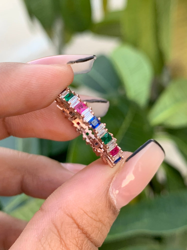 Rose Gold Multi Coloured Diamond Dorita Band Ring on Pure 925 Silver