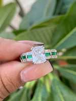 Emerald Cut Solitaire Lara Ring with Diamond Baguettes On 925 Silver