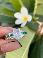 Emerald Cut Solitaire Lara Ring with Diamond Baguettes On 925 Silver