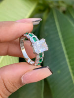 Emerald Cut Solitaire Lara Ring with Diamond Baguettes On 925 Silver