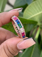 Rose Gold Multi Coloured Baguette Hailey Band Ring on 925 Silver