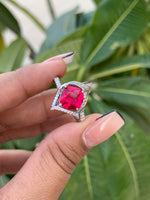 Ruby Solitaire with Diamond Daisy Ring on 925 Silver