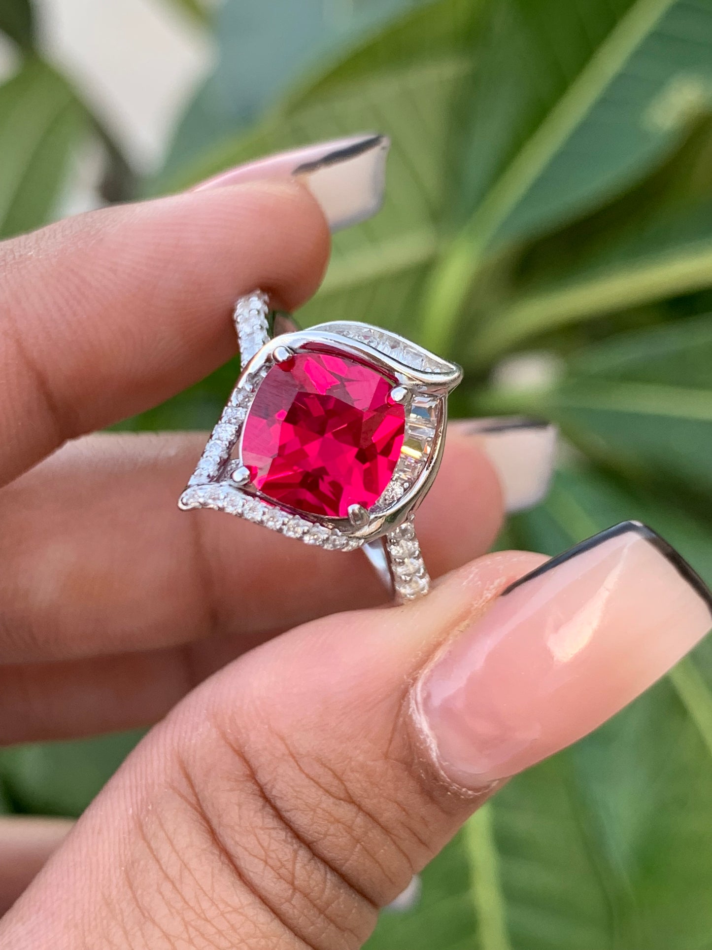 Ruby Solitaire with Diamond Daisy Ring on 925 Silver