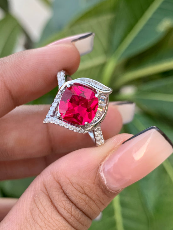 Ruby Solitaire with Diamond Daisy Ring on 925 Silver