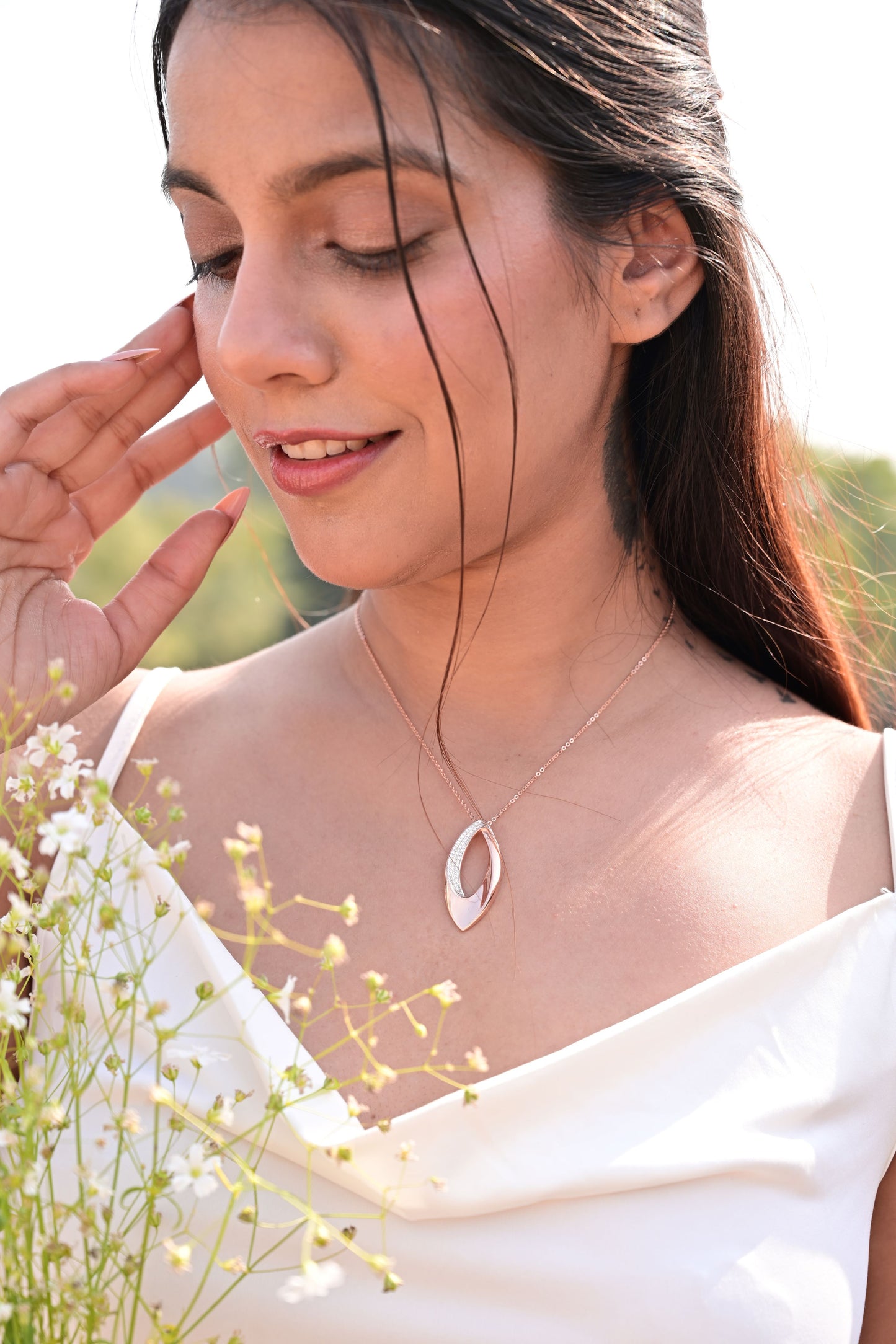 Premium Rose Gold Diamond Studded Chunky Celestine Pendant with Chain