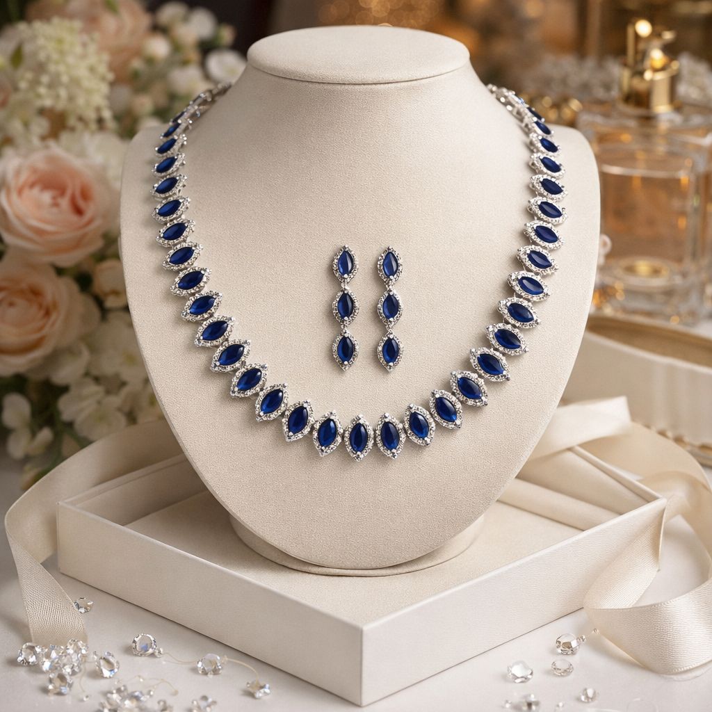 TOJ Everyday - Blue Marquise American Diamond Wedding Necklace Set with Earrings for Women