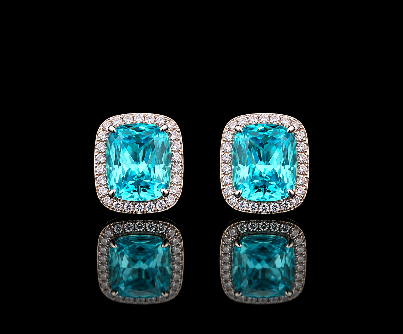Ultra Premium Ice Cut American Diamond Pure 925 Silver Aqua Blue Cushion Cut Pink Halo Statement Stud Earrings for Women | Twenty One Jewels