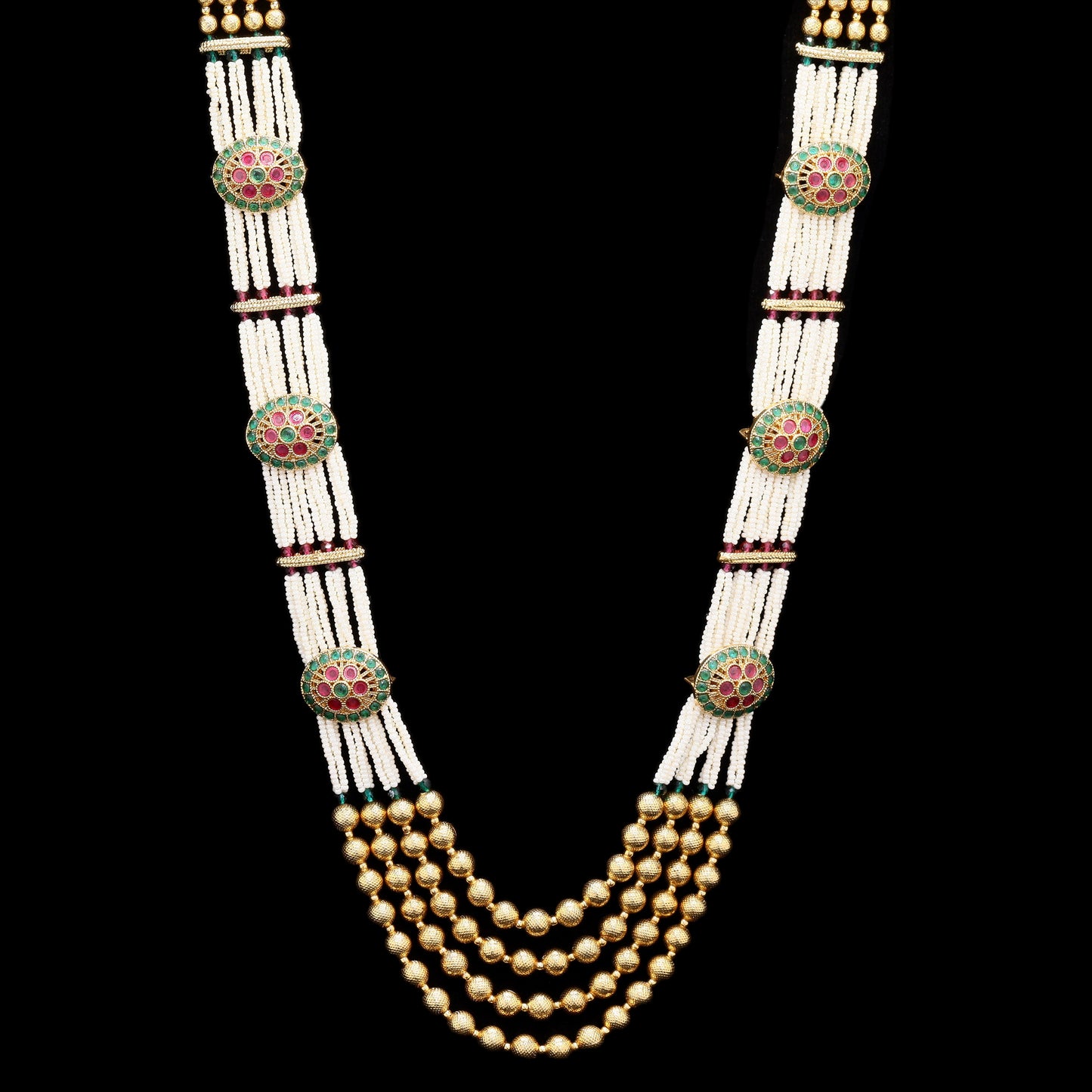 Festive Exclusive 4 Layer Antique Gold Finish Moti Ghungroo Layered Necklace Set with Earrings