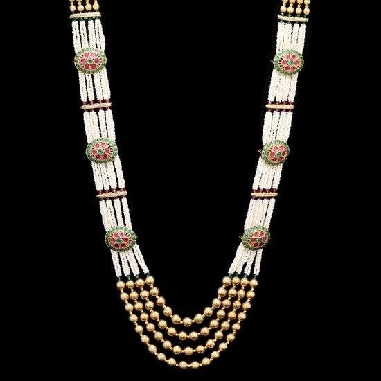 Festive Exclusive 4 Layer Antique Gold Finish Moti Ghungroo Layered Necklace Set with Earrings