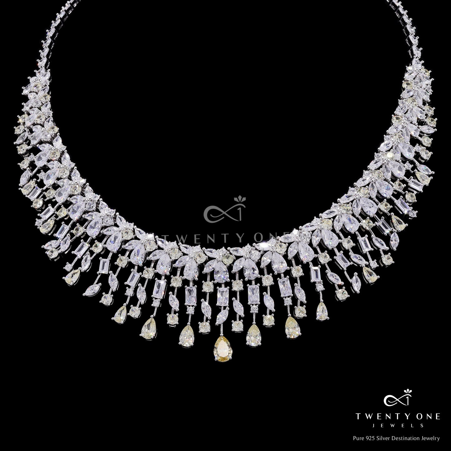 Ultra Premium Yellow Diamond Multi Solitaire Necklace Set on Pure 925 Silver