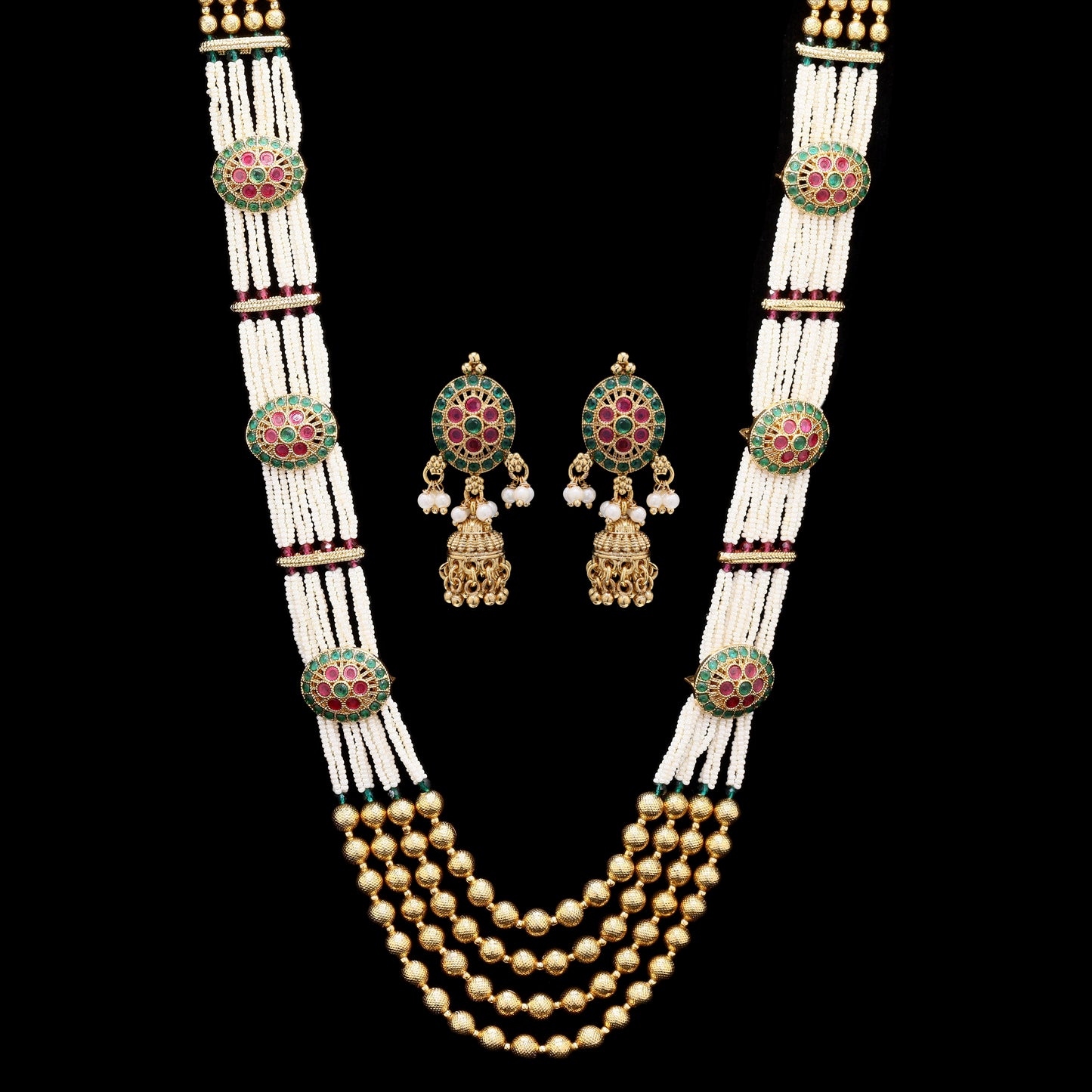 Festive Exclusive 4 Layer Antique Gold Finish Moti Ghungroo Layered Necklace Set with Earrings