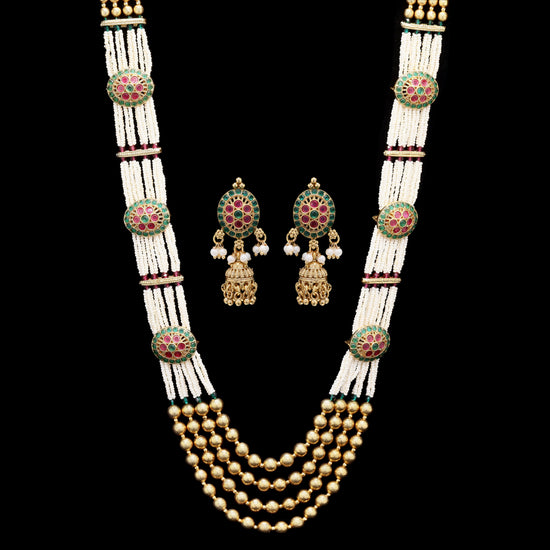 Festive Exclusive 4 Layer Antique Gold Finish Moti Ghungroo Layered Necklace Set with Earrings