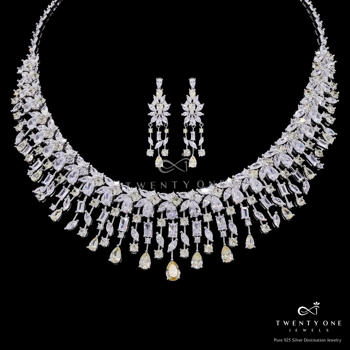 Ultra Premium Yellow Diamond Multi Solitaire Necklace Set on Pure 925 Silver