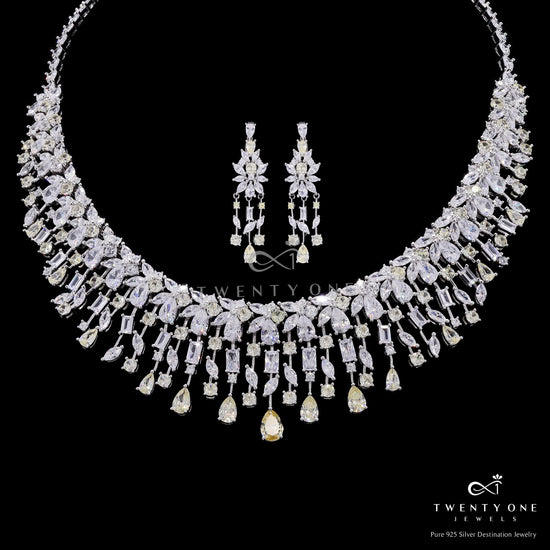 Ultra Premium Yellow Diamond Multi Solitaire Necklace Set on Pure 925 Silver