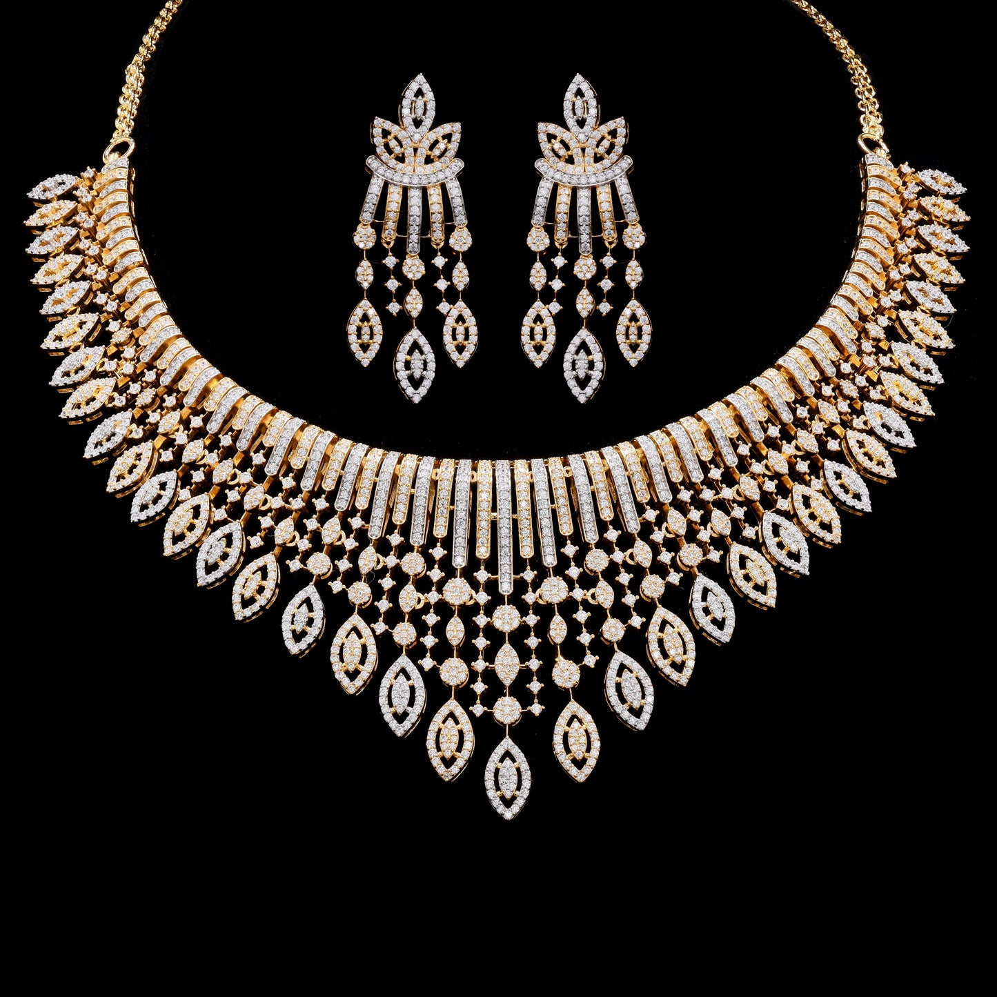 Ultra Premium Dual Tone Pressure Setting Bridal Necklace Set with Earrings on Pure 925 Silver