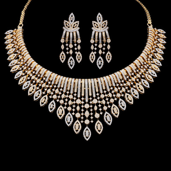 Ultra Premium Dual Tone Pressure Setting Bridal Necklace Set with Earrings on Pure 925 Silver