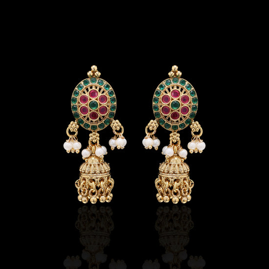 Festive Exclusive 4 Layer Antique Gold Finish Moti Ghungroo Layered Necklace Set with Earrings