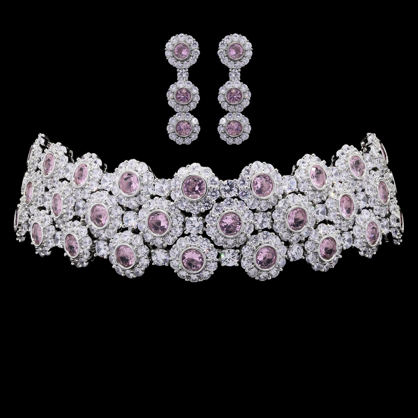 TOJ Everyday - Pink Diamond Choker Necklace Set with Earrings for Women