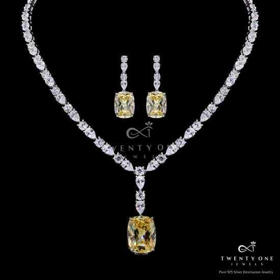 Ultra Premium Yellow Diamond Luxury Necklace Set with Round Cut and Drop Solitaires