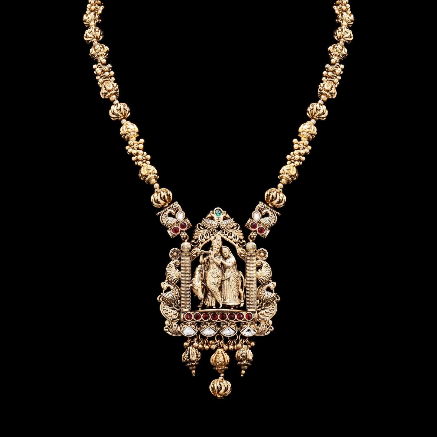 Festive Exclusive Antique Gold Finish Radha Krishna Hand Carved Jharoka Necklace Set with Jhumkis