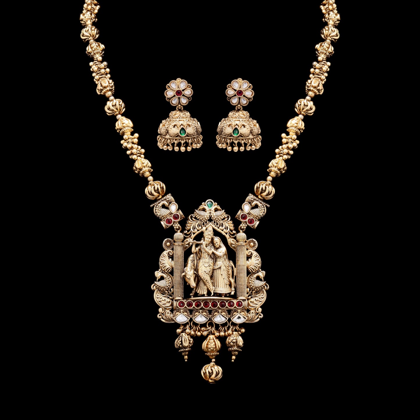 Festive Exclusive Antique Gold Finish Radha Krishna Hand Carved Jharoka Necklace Set with Jhumkis