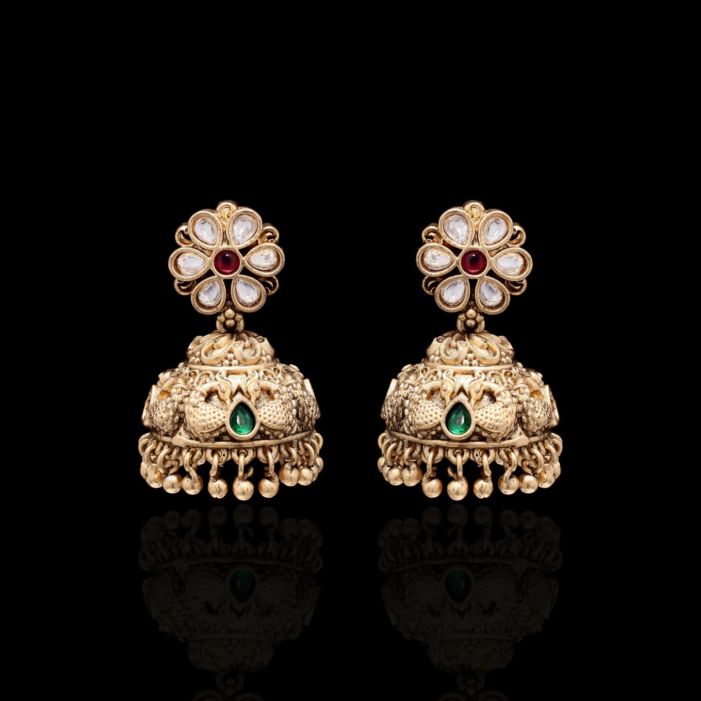 Festive Exclusive Antique Gold Finish Radha Krishna Hand Carved Jharoka Necklace Set with Jhumkis