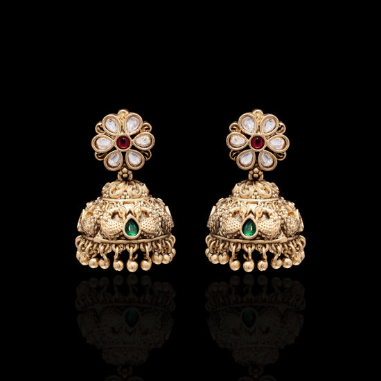 Festive Exclusive Antique Gold Finish Radha Krishna Hand Carved Jharoka Necklace Set with Jhumkis