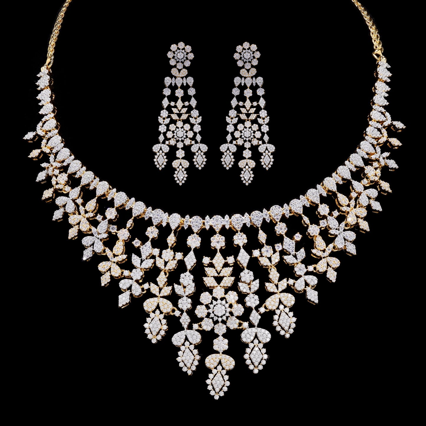 Dual Tone Nelita Pressure Setting Necklace Set with Earrings on Pure 925 Silver